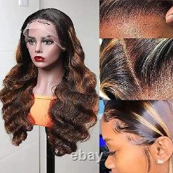 1B/30 Brown Ombre Body Wave Frontal Lace Wig Black Roots Brazilian Virgin Hair