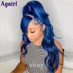 Dark Blue Colored Body Wave Transparent Lace Frontal Human Hair Wigs Pre Plucked