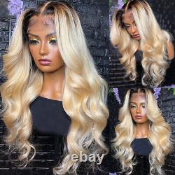 Ombre Blonde 613 Lace Frontal Human Hair Wig Body Wave Brown Root HD Pre Plucked