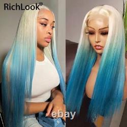 Ombre Color Blue 13x4 Lace Frontal Human Hair Wig For Women Transparent Straight