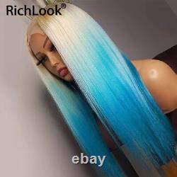 Ombre Color Blue 13x4 Lace Frontal Human Hair Wig For Women Transparent Straight